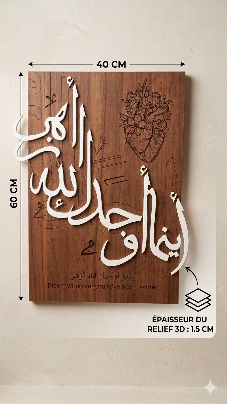 Tableau Calligraphie 3D – "أينما أوجدك الله أزهر" – Finition Premium